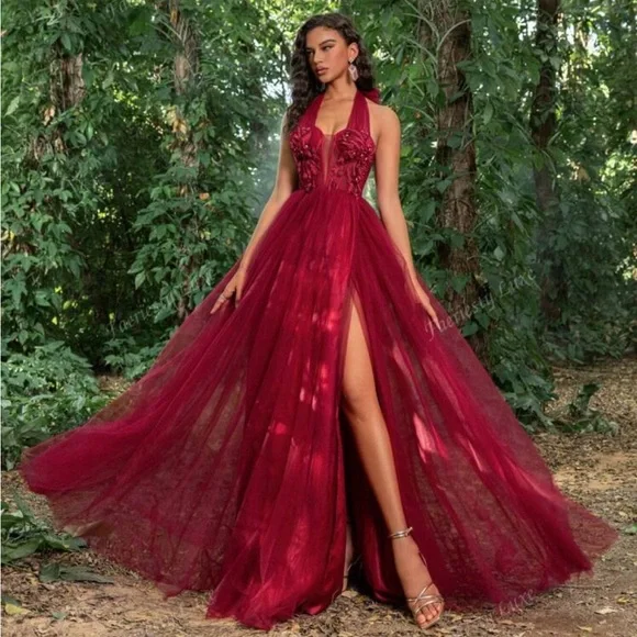 Stunning Burgundy Prom Dress with Flattering Silhouette and Daring Slit - Picture 3 of 13